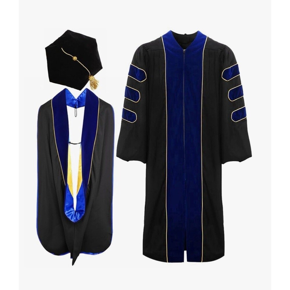 Deluxe Doctoral Graduation Gown Hood and Tam 6 Sided Package Royal blue Size 45